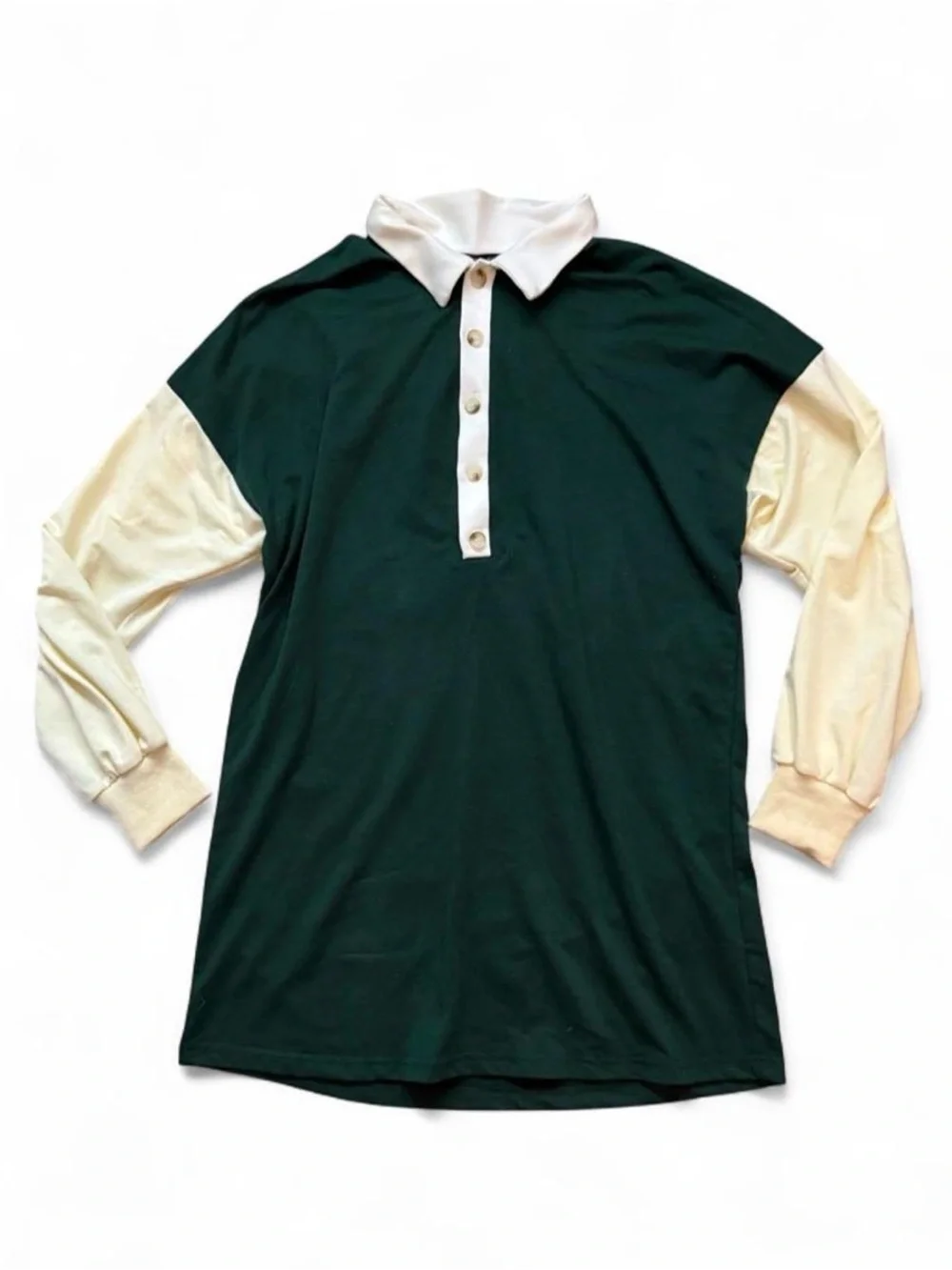 Green & Cream & White Collared Long Sleeve Polo Shirt Dress
